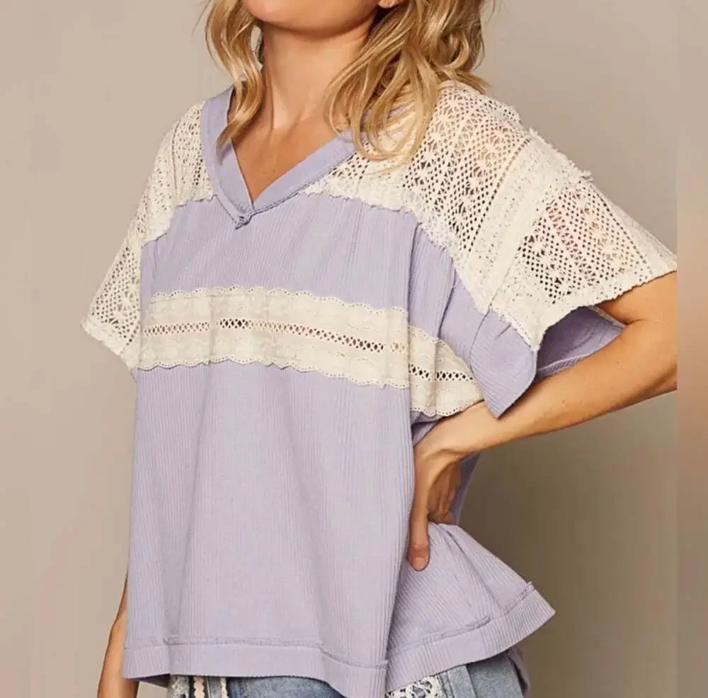 POL V-Neck Crochet Lace Inset Waffle Knit Top in Lavender - Picture 3 of 8